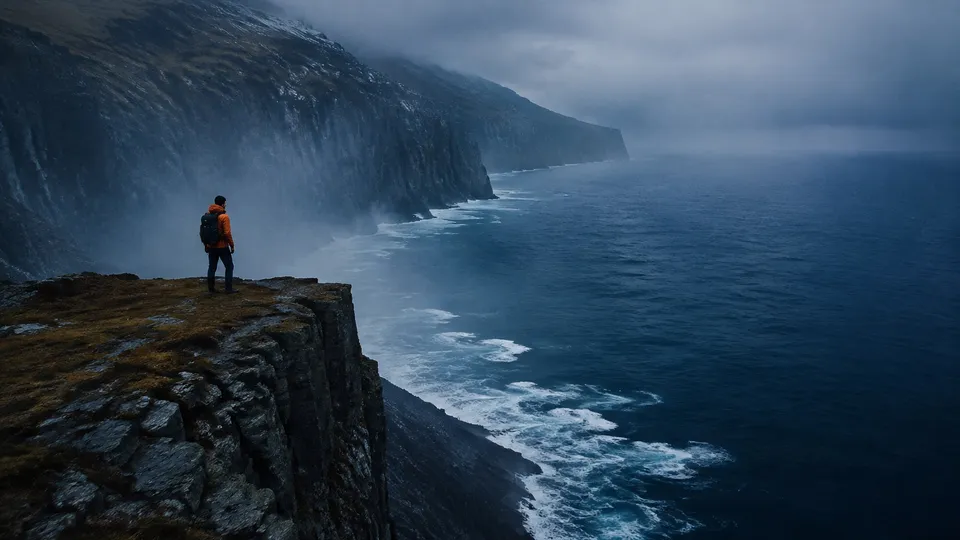 Fictional film scene of a hiker above the ocean